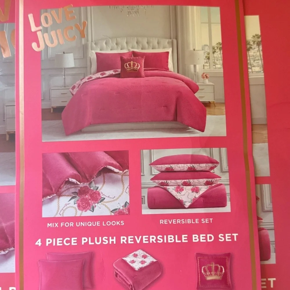 Juicy Couture Plush Hot Pink Crowns Roses Chains KING Comforter Set Reversible